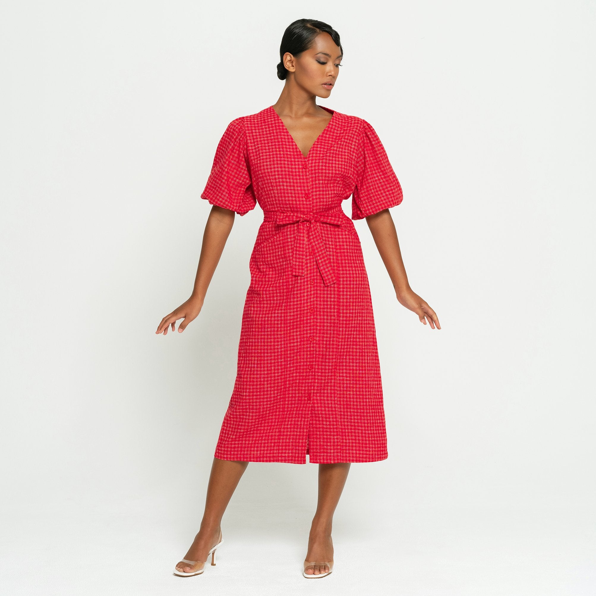 Meghan Gingham Hemp Midi Dress, in Scarlet Red