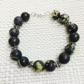 Men's Green and Yellow Magnetite and Silver Beaded Bracelet