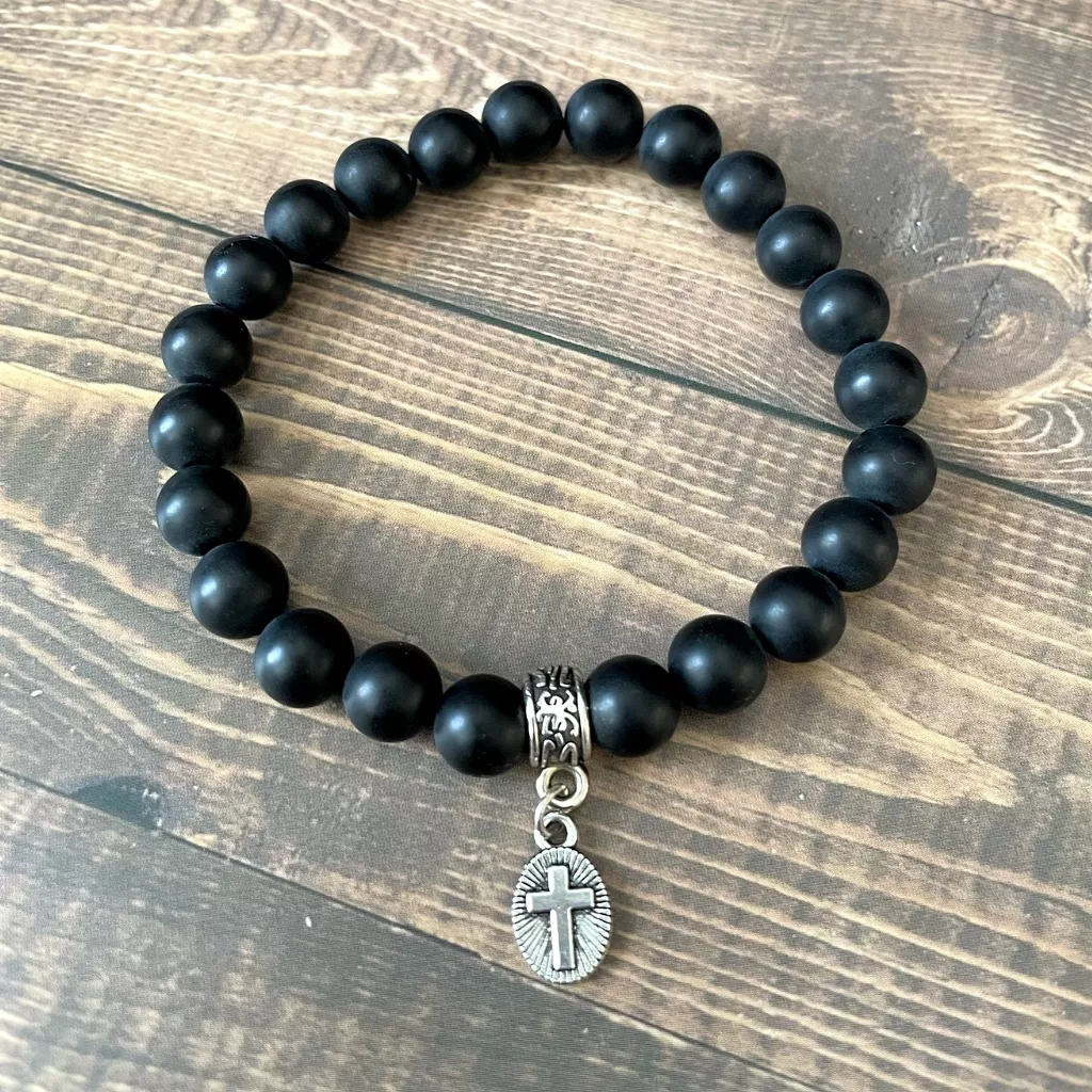 Mens Matte Black Onyx and Silver Oval Cross Beaded Bracelet