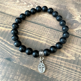 Mens Matte Black Onyx and Silver Oval Cross Beaded Bracelet