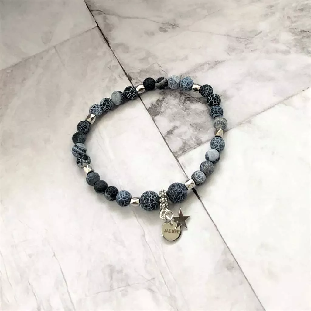 Midnight Blue Fire Matte Agate Beaded Silver Star Bracelet