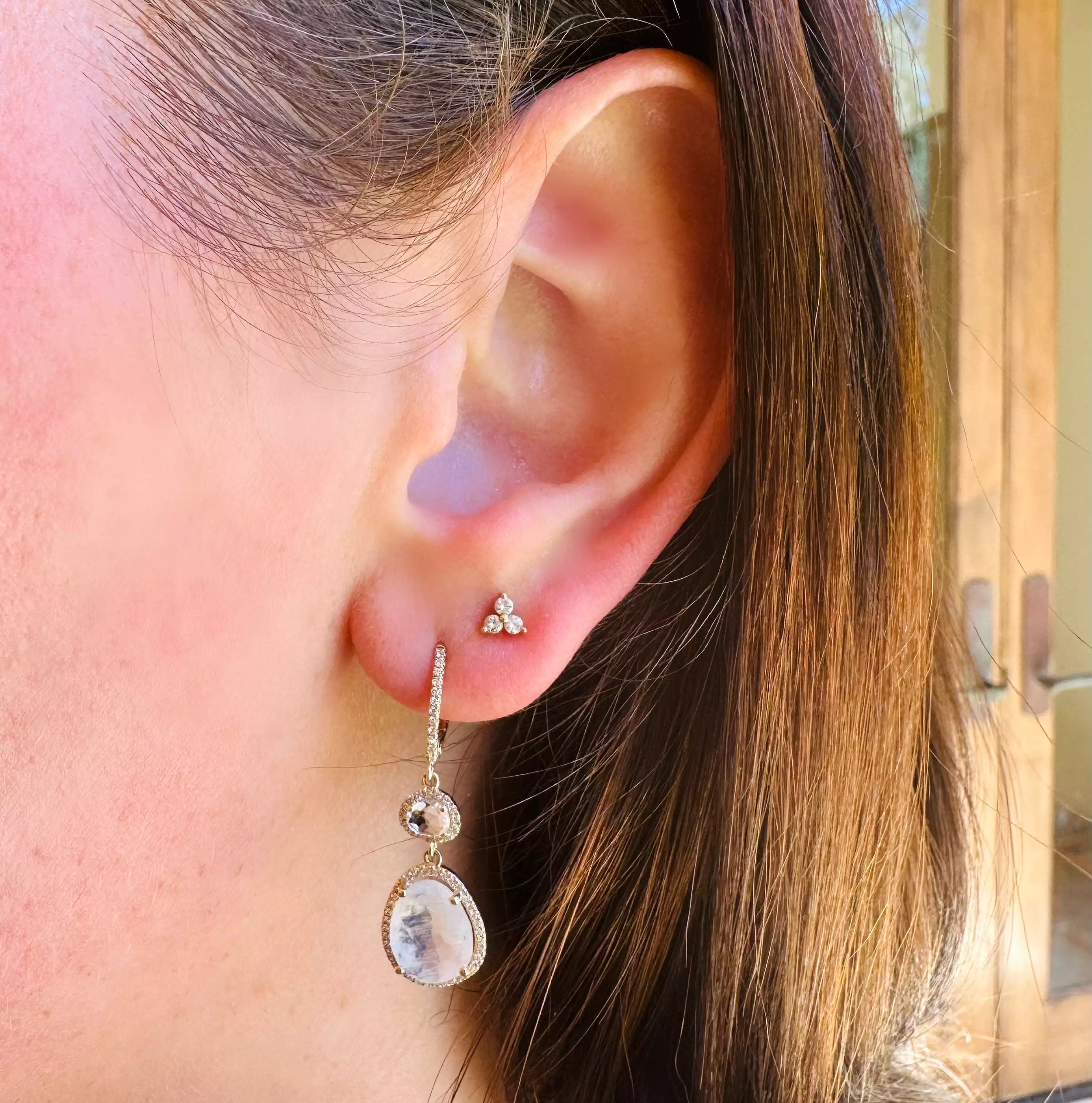 Moonstone and Diamond Drop Hoop Earrings