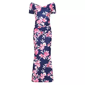 Navy Blue & Pink Floral Maxi Dress w/ Peplum Hem & Cap Sleeves