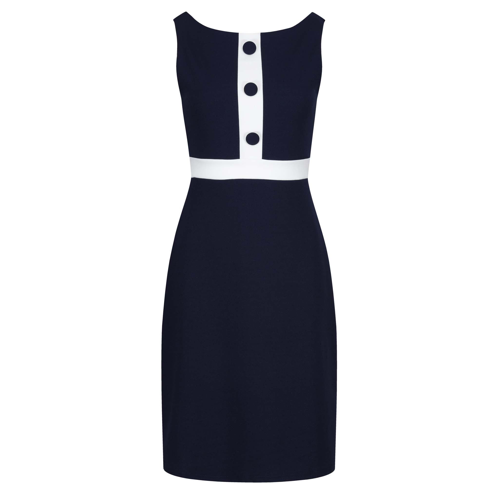 Navy Blue and White Sleeveless Button Detail Bodycon Midi Dress