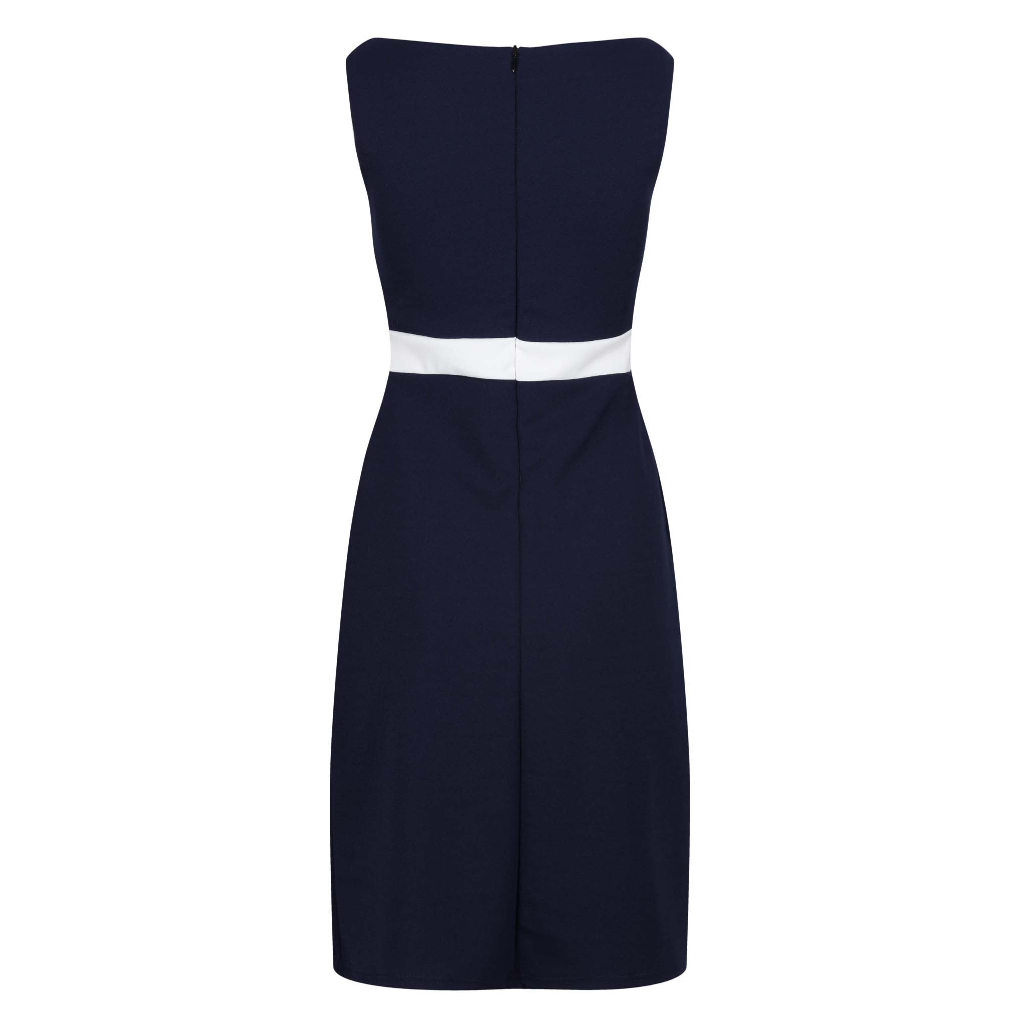 Navy Blue and White Sleeveless Button Detail Bodycon Midi Dress