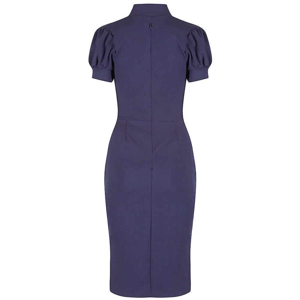 Navy Blue Puff Sleeve Tie Bodycon Pencil Dress