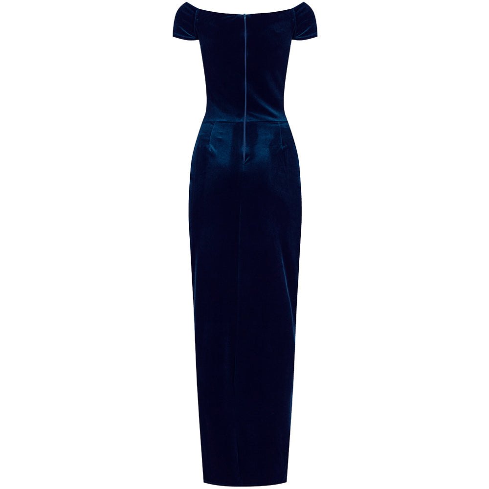 Navy Blue Velour Capped Sleeve Cocktail Party Maxi Dress