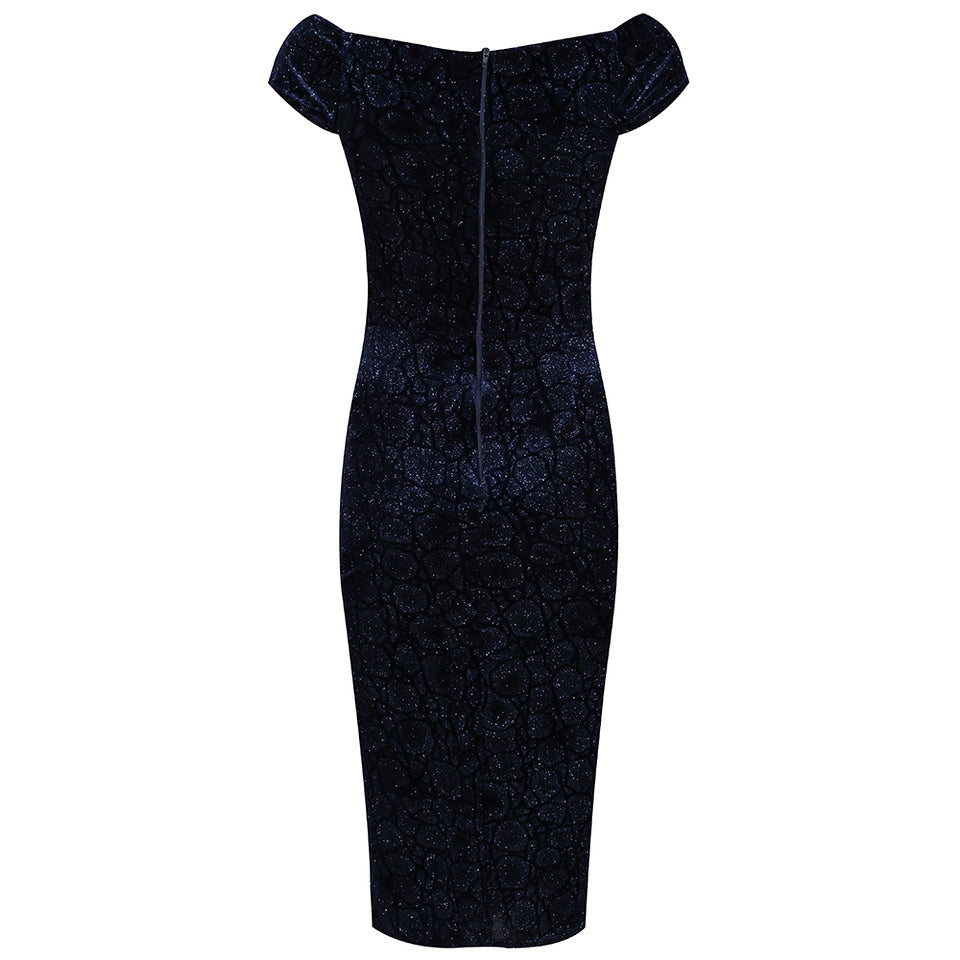 Navy Blue Vintage Animal Print Velvet Capped Sleeve Wiggle Dress