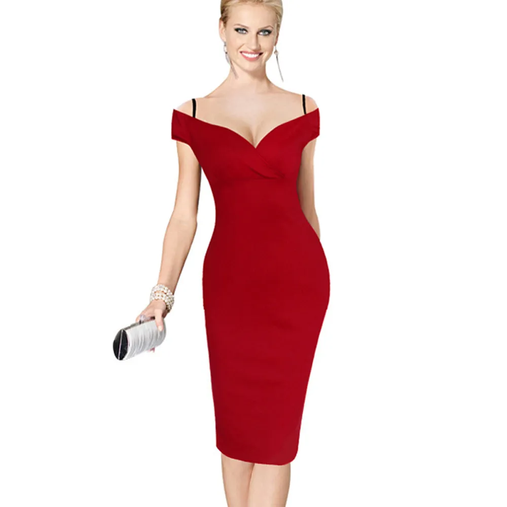 Nice-forever New Sexy Elegant Solid Stylish Casual Work Strap Slash Neck Bodycon Knee Midi Women Formal Pencil Dress B309