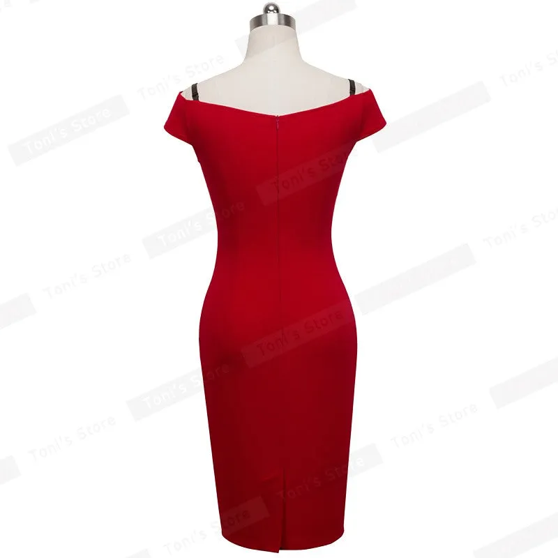 Nice-forever New Sexy Elegant Solid Stylish Casual Work Strap Slash Neck Bodycon Knee Midi Women Formal Pencil Dress B309