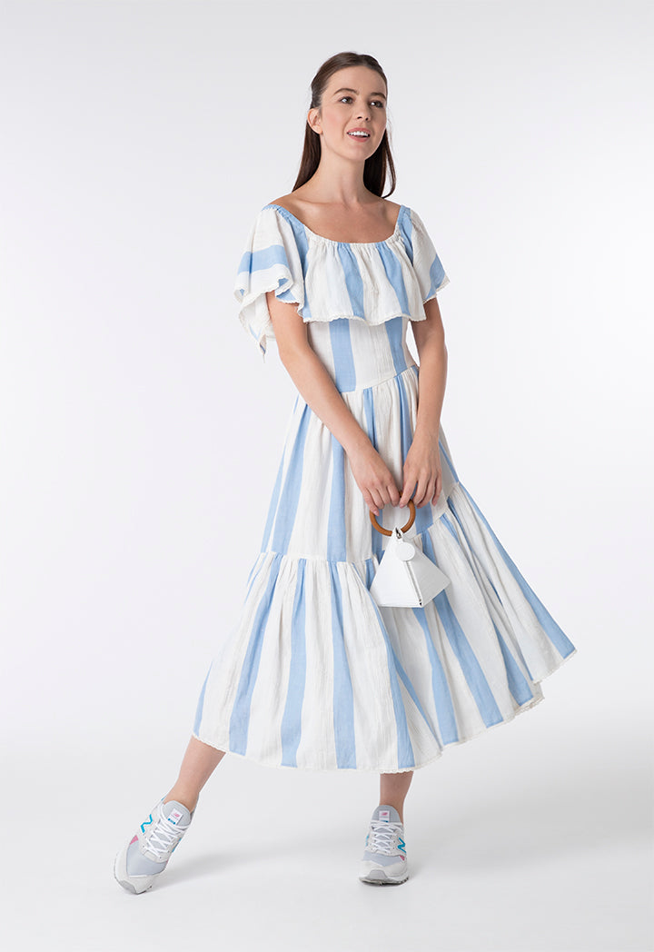 Off Shoulder A-Line Striped Dress