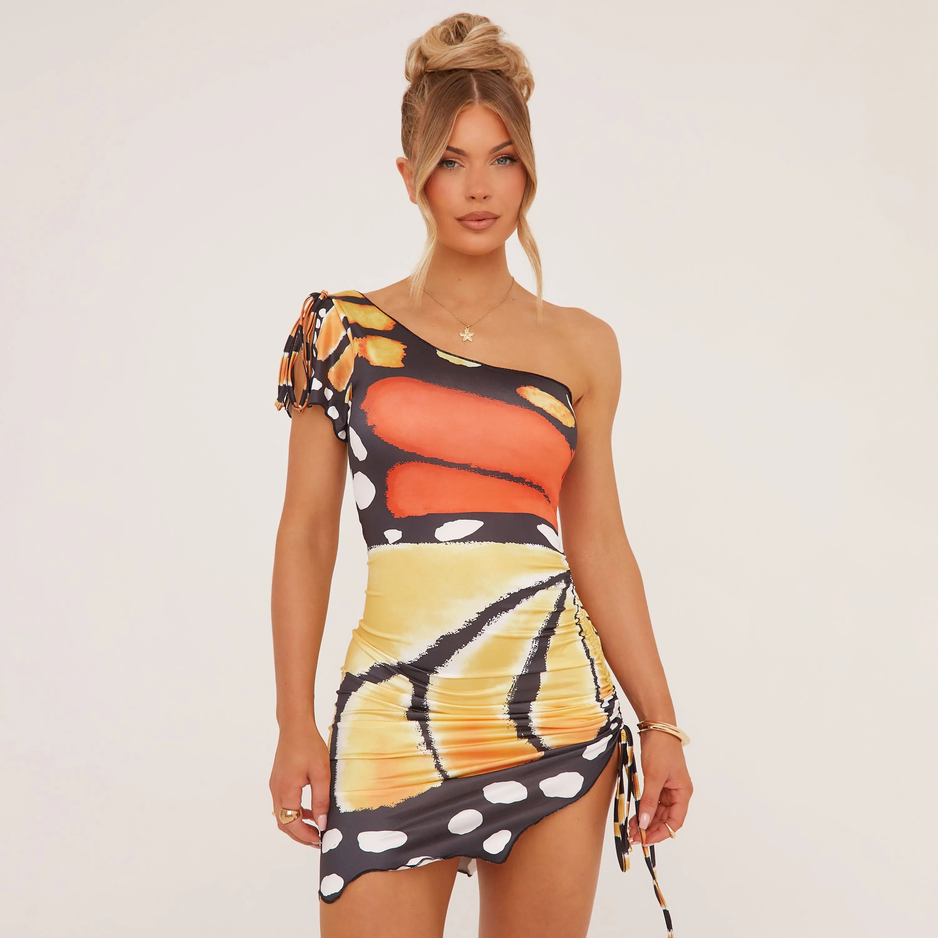 One Shoulder Butterfly Print Ruched Side Mini Dress In Yellow Slinky