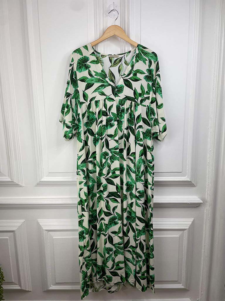 Palm Print Smock Maxi Dress - Emerald