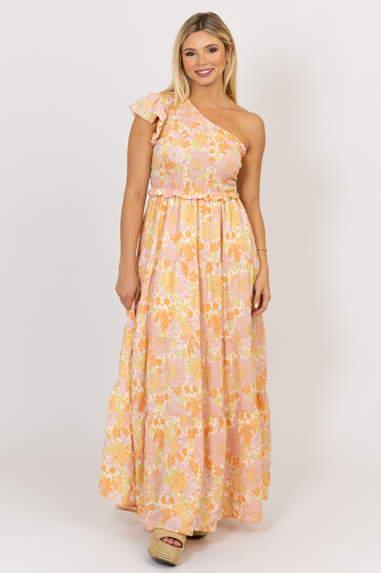 Pastel Floral One Shoulder Maxi Dress