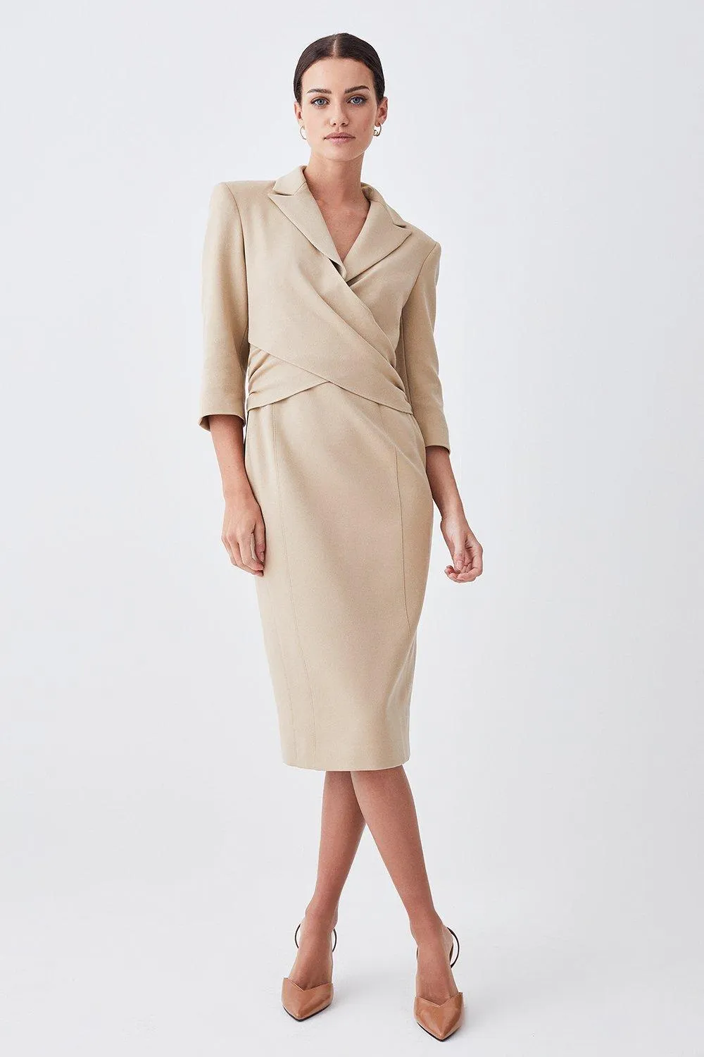 Petite Compact Crepe Wrap Waist Pencil Midi Dress | Karen Millen