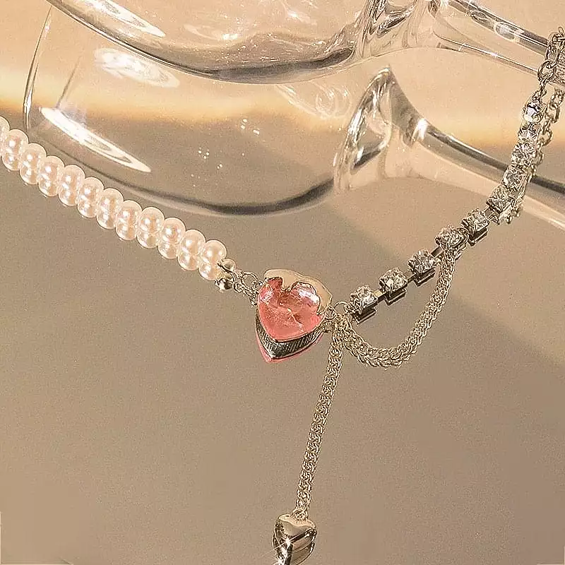 Pink Heart Pearl Chain Necklace - Lovesickdoe