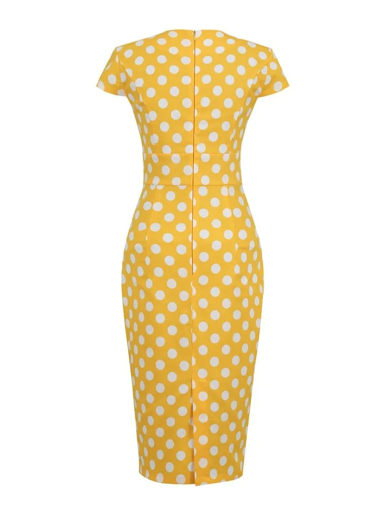 Polka Dot High Waist Elegant Bodycon Pencil Women Cap Sleeve Summer Midi Cotton Dress