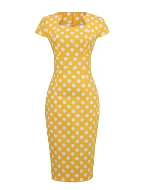 Polka Dot High Waist Elegant Bodycon Pencil Women Cap Sleeve Summer Midi Cotton Dress