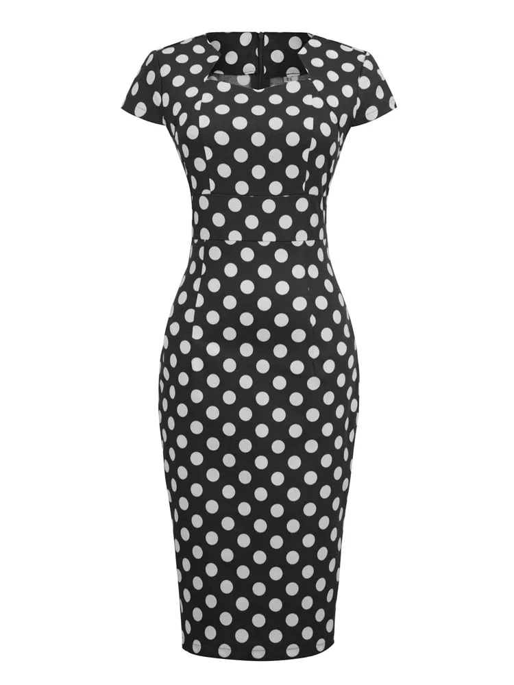 Polka Dot High Waist Elegant Bodycon Pencil Women Cap Sleeve Summer Midi Cotton Dress