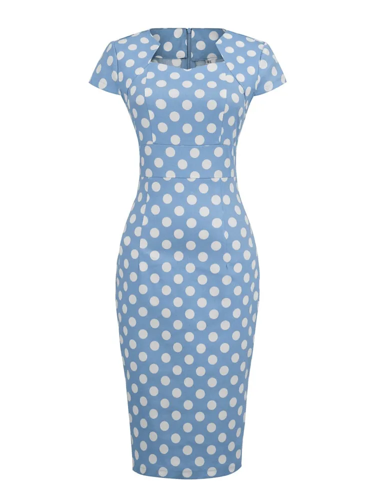 Polka Dot High Waist Elegant Bodycon Pencil Women Cap Sleeve Summer Midi Cotton Dress