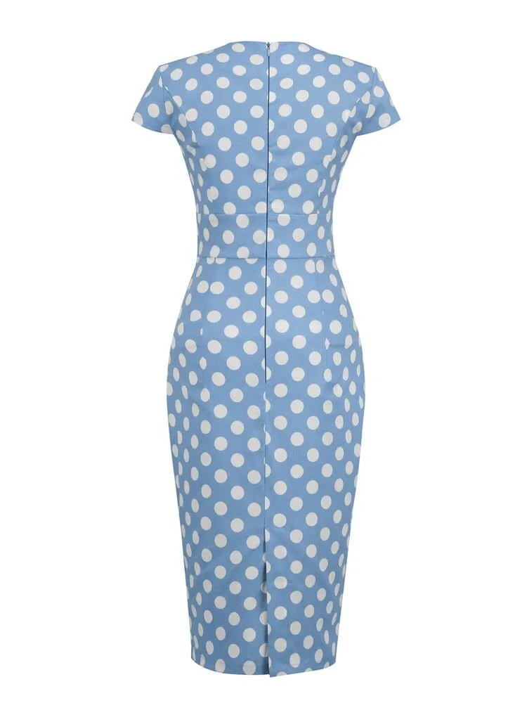 Polka Dot High Waist Elegant Bodycon Pencil Women Cap Sleeve Summer Midi Cotton Dress