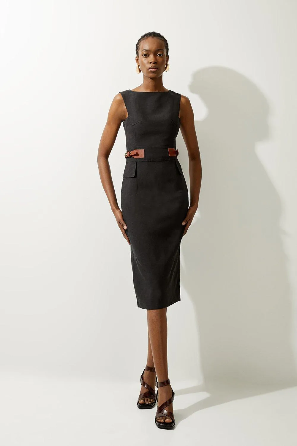 Premium Tailored Linen Tab Waist Pencil Midi Dress | Karen Millen