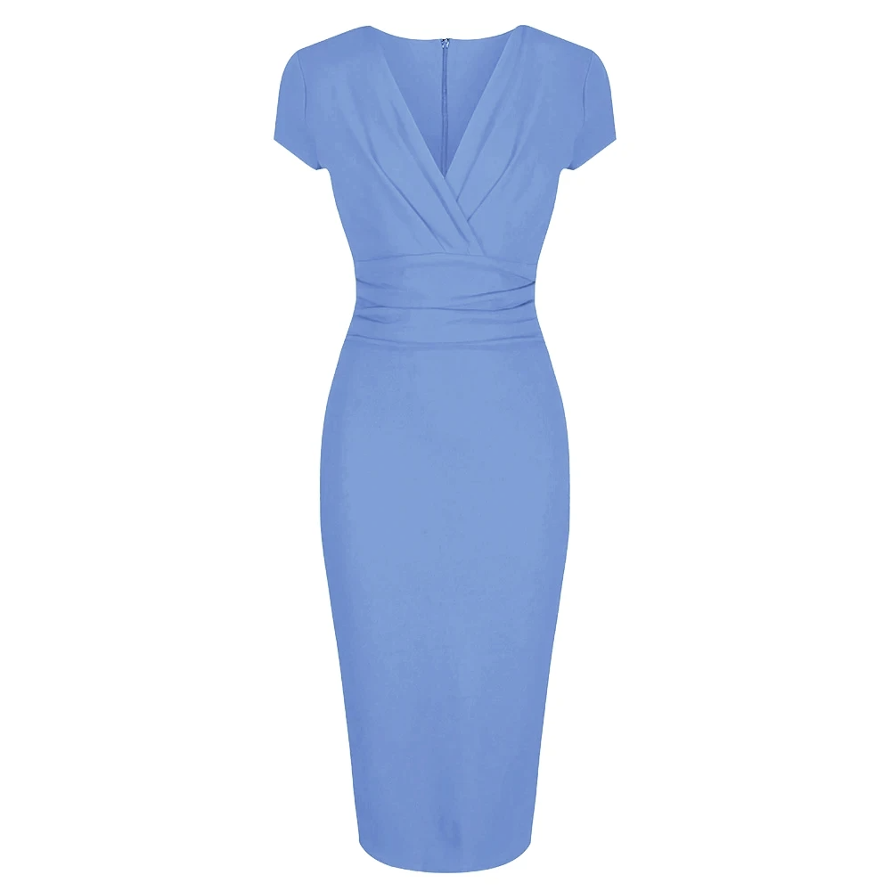 Pretty Blue Deep V Cap Sleeve Bodycon Ruched Waist Wiggle Dress