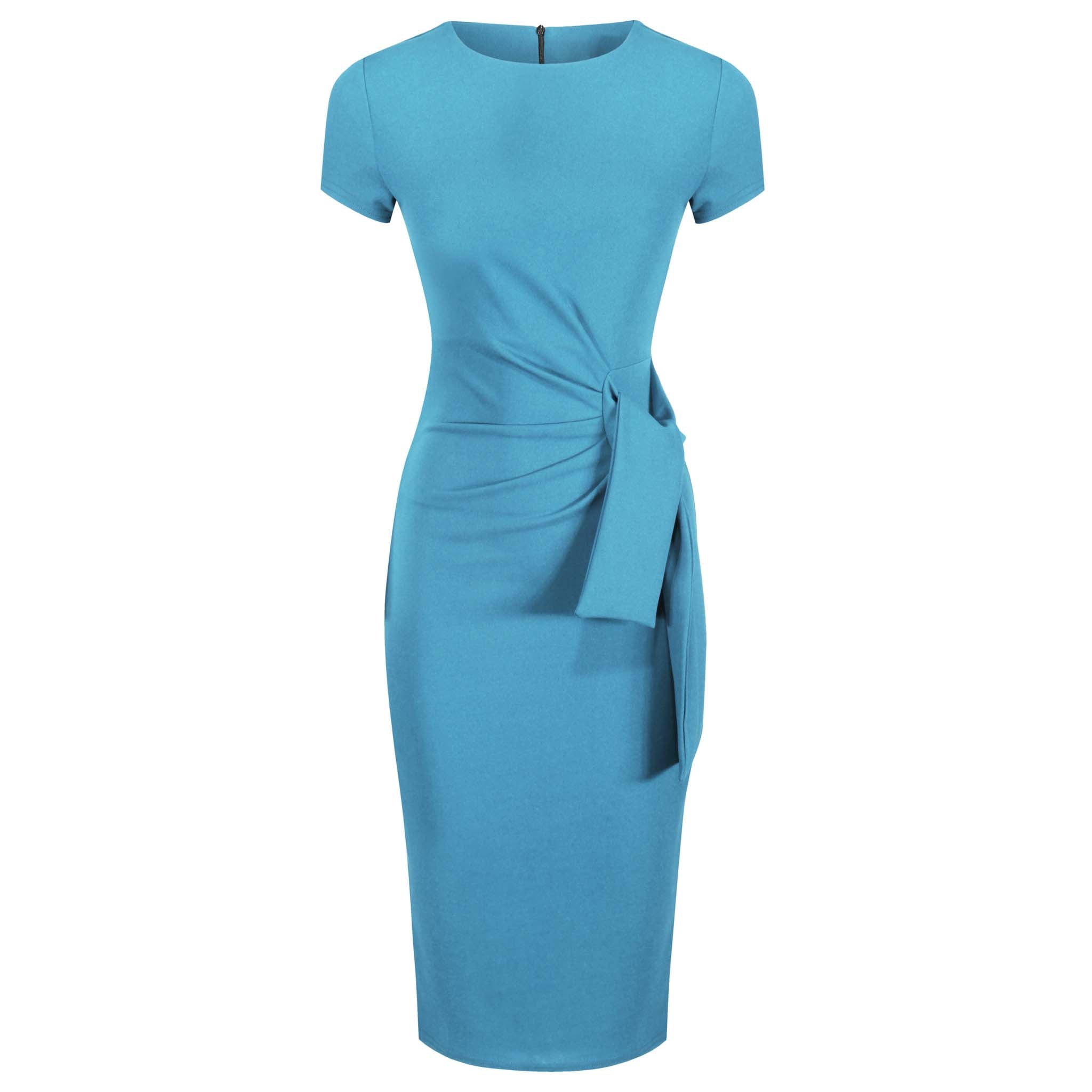 Pretty Blue Short Sleeve Ruched Tie Bodycon Pencil Dress