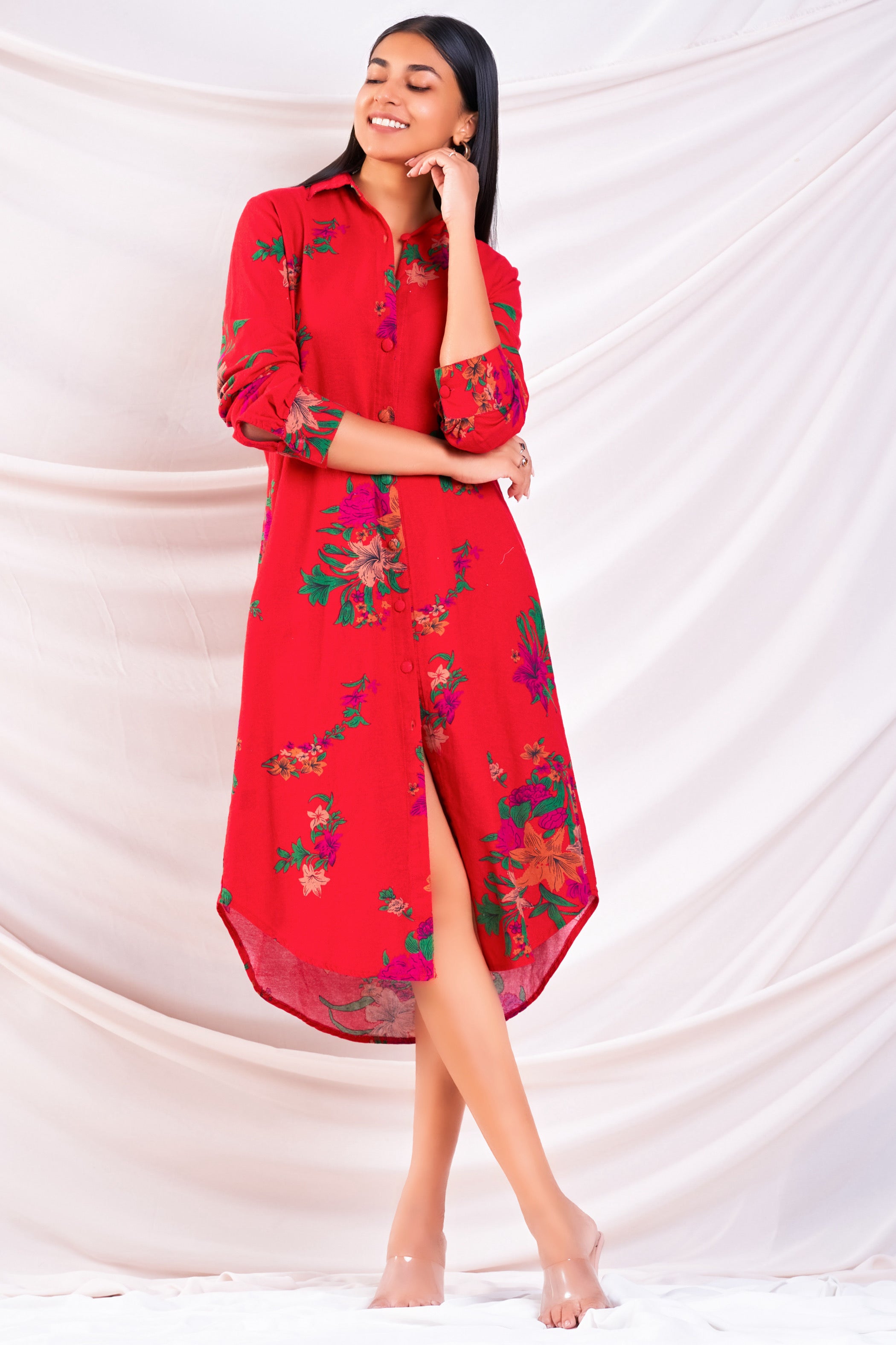 Printed Red Midi Shirt Dress