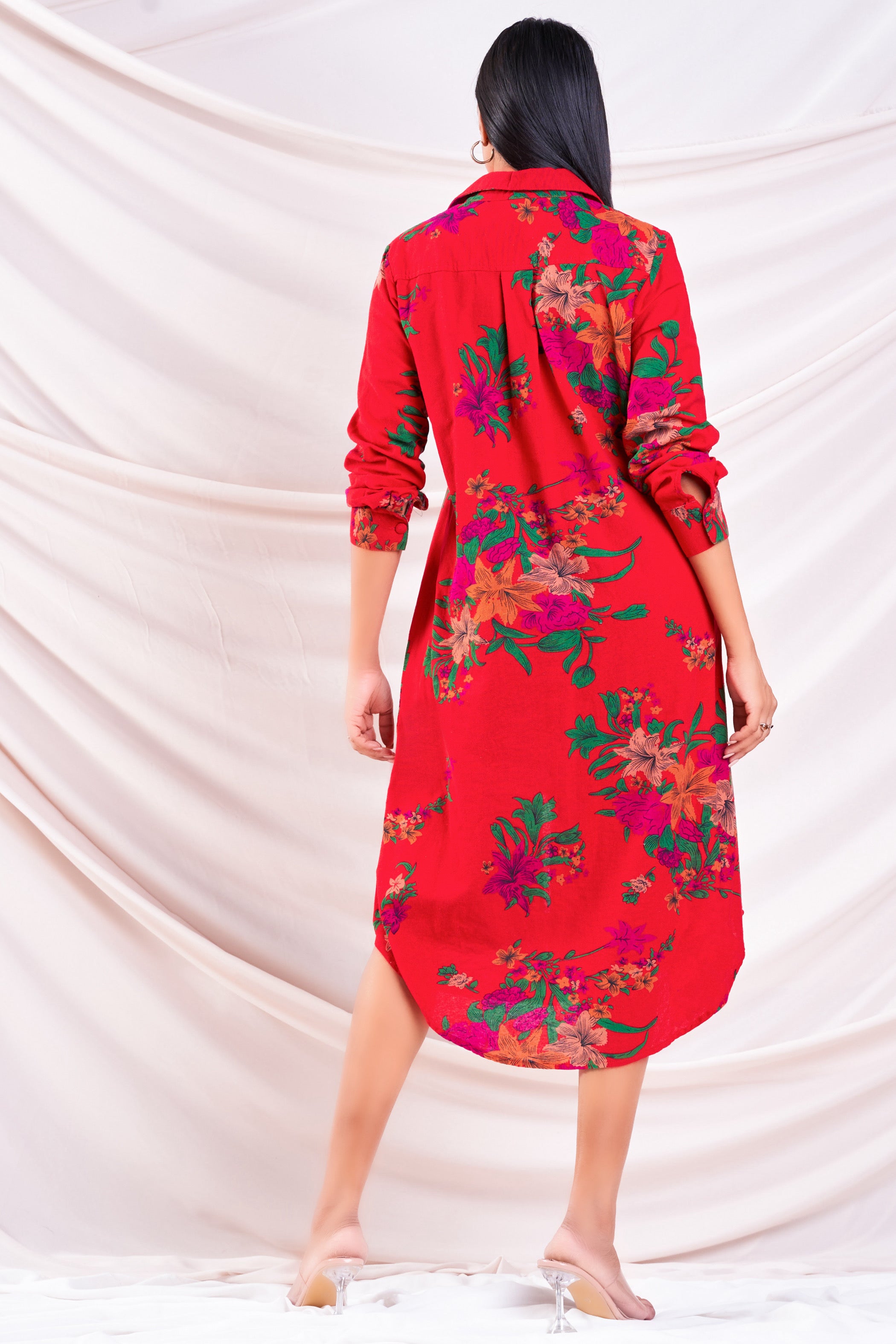 Printed Red Midi Shirt Dress