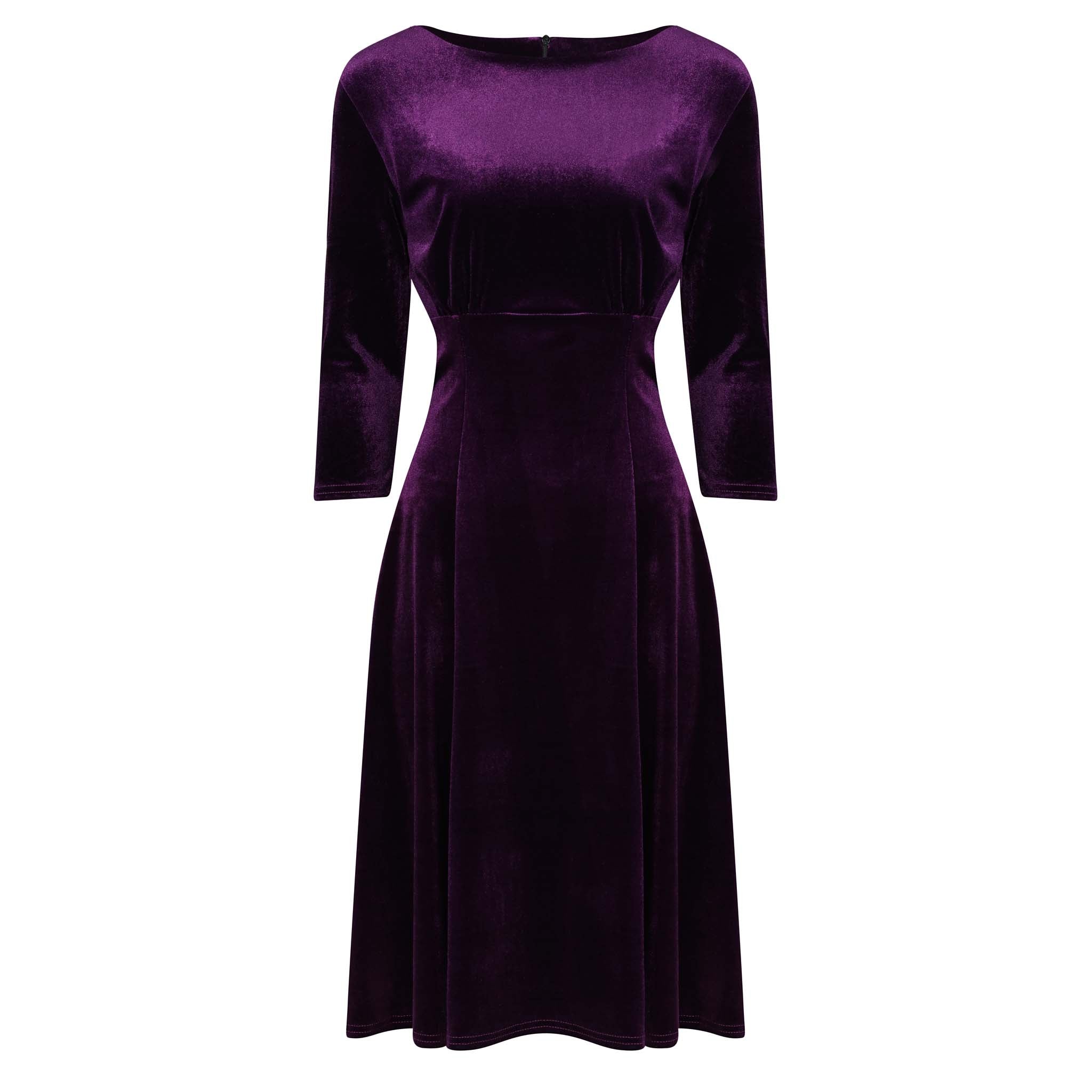 Purple Velour 3/4 Sleeve Vintage Swing Midi Dress