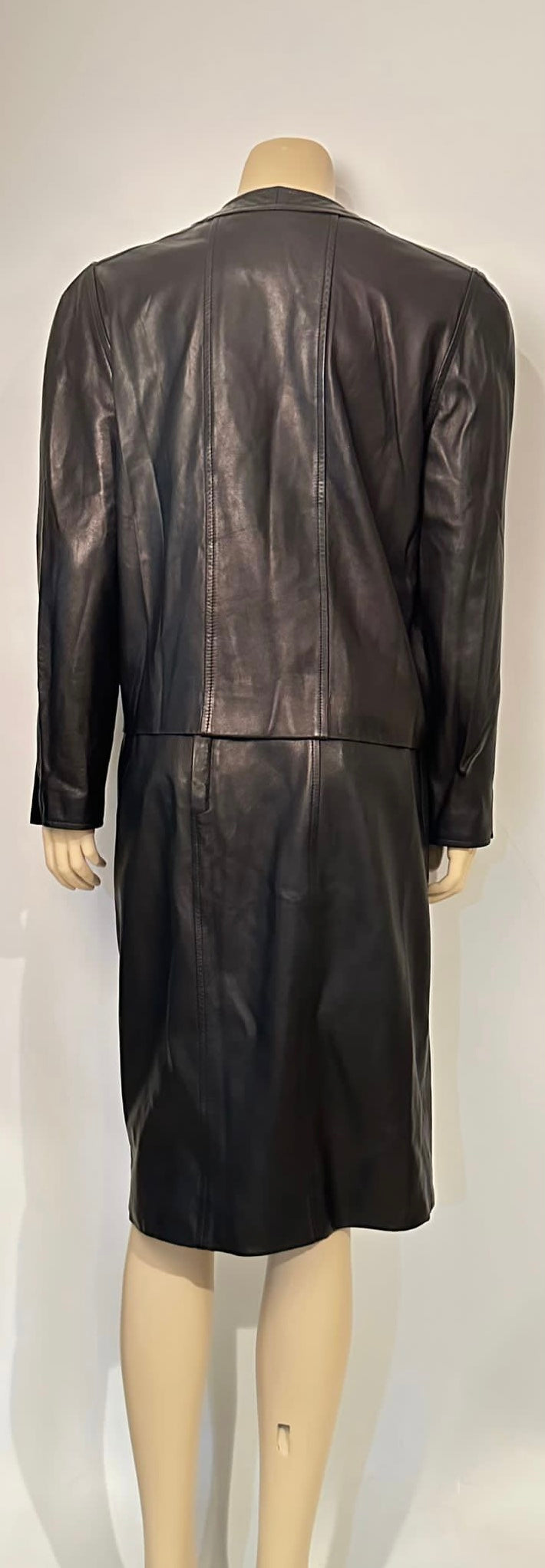 Rare Chanel Vintage 1980/1990 Black Leather Jacket and Skirt Suit FR 42