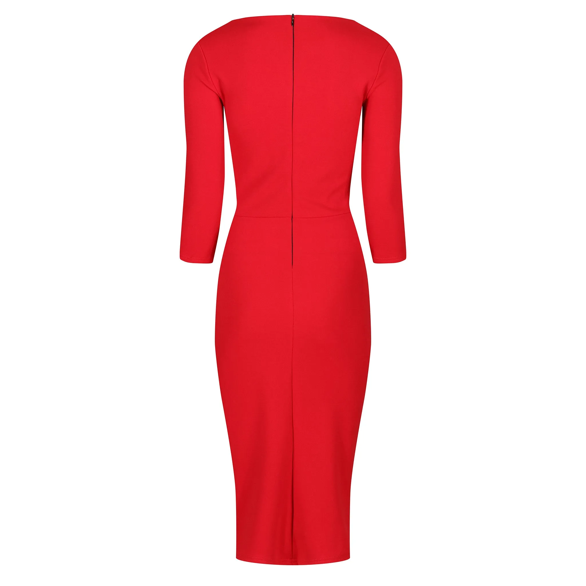 Red 3/4 Sleeve Square Neckline Wiggle Pencil Dress