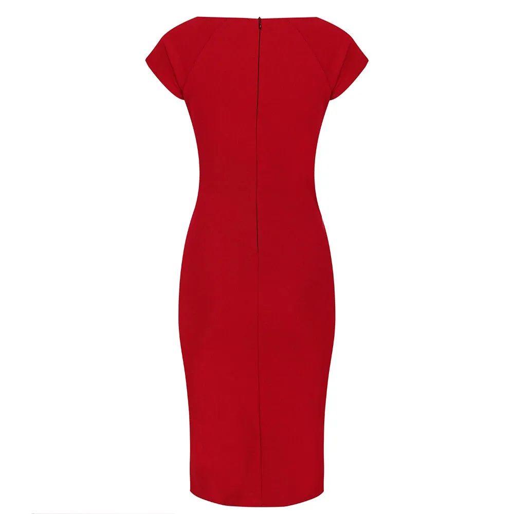 Red Capped Sleeve Ruched Bodycon Pencil Dress