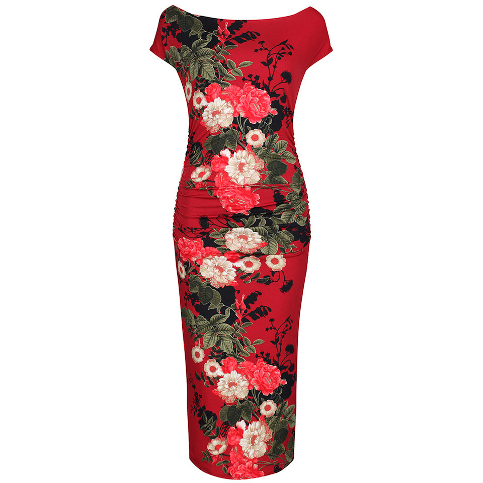 Red Floral Print 40s Style Cap Sleeve Slinky Pencil Wiggle Dress