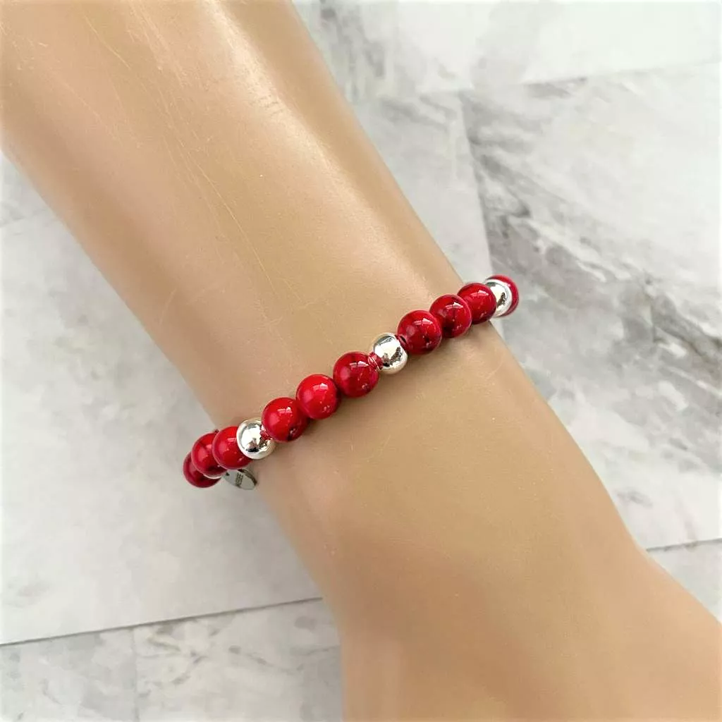 Red Mosaic and Silver Beaded Bracelet