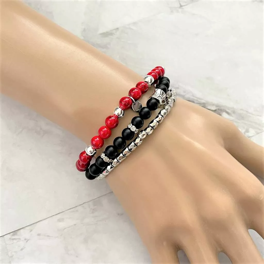 Red Mosaic and Silver Beaded Bracelet