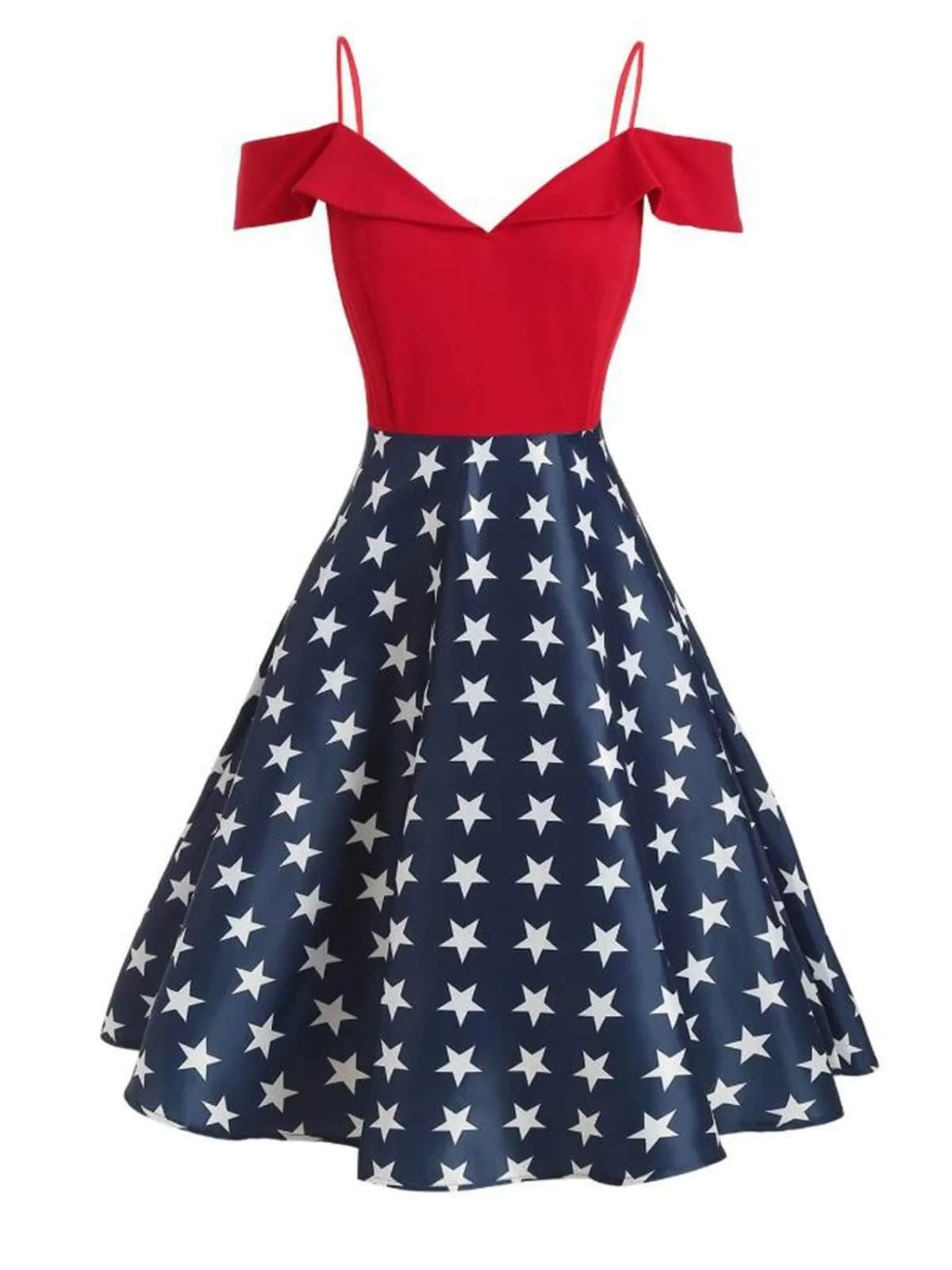 Red Star Cold Shoulder Swing Dress