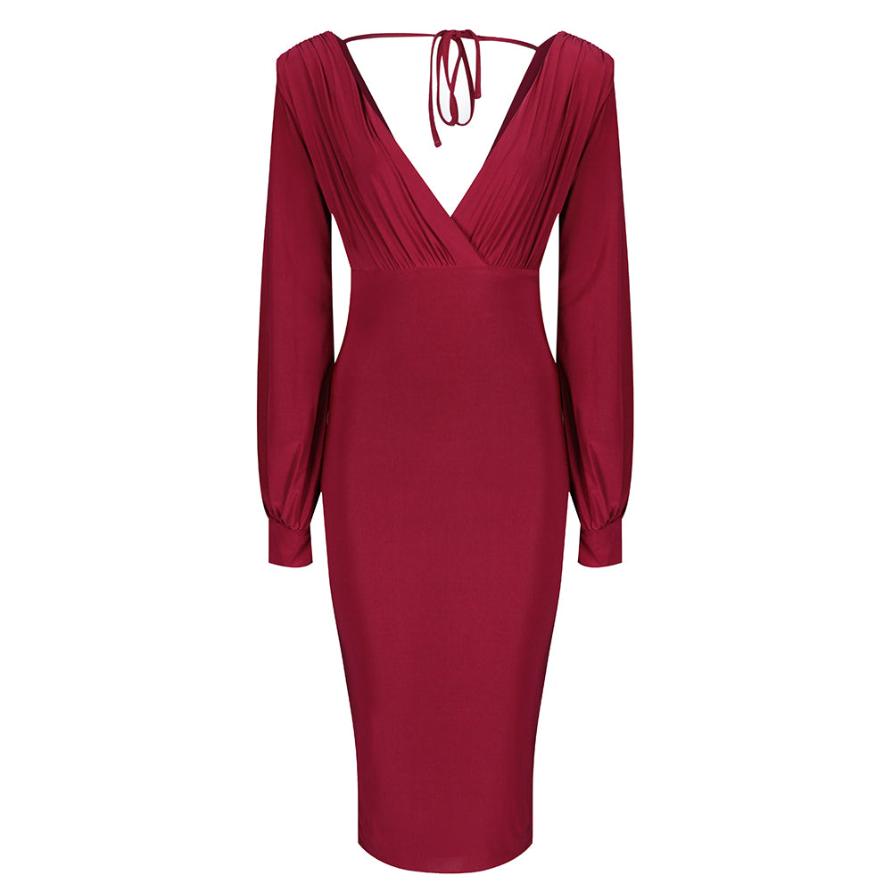 Red V Neck Long Sleeve Slinky Bodycon Midi Dress