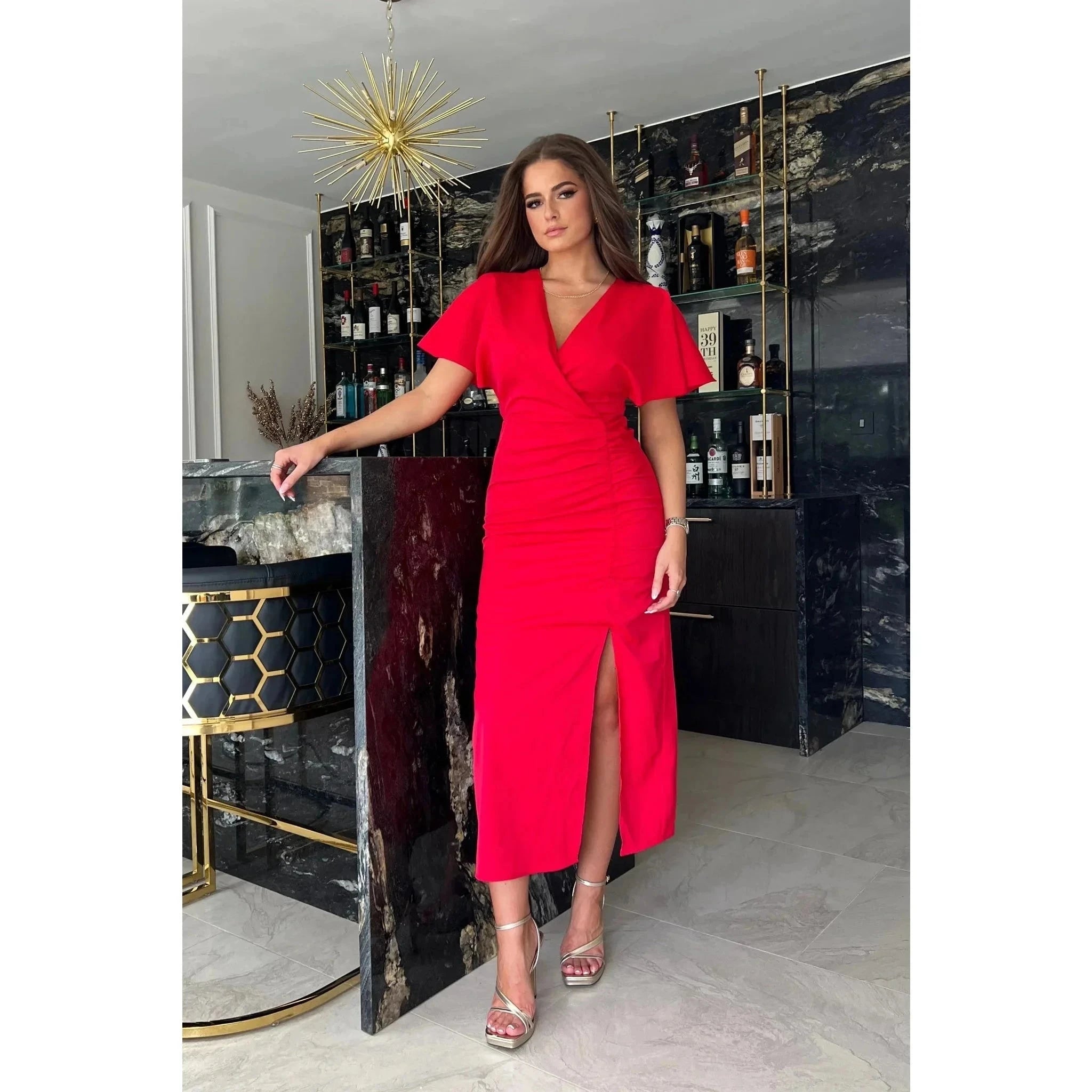 Red Wrapover Thigh Split Midi Dress w/ Batwing Sleeves & Elastic Waist