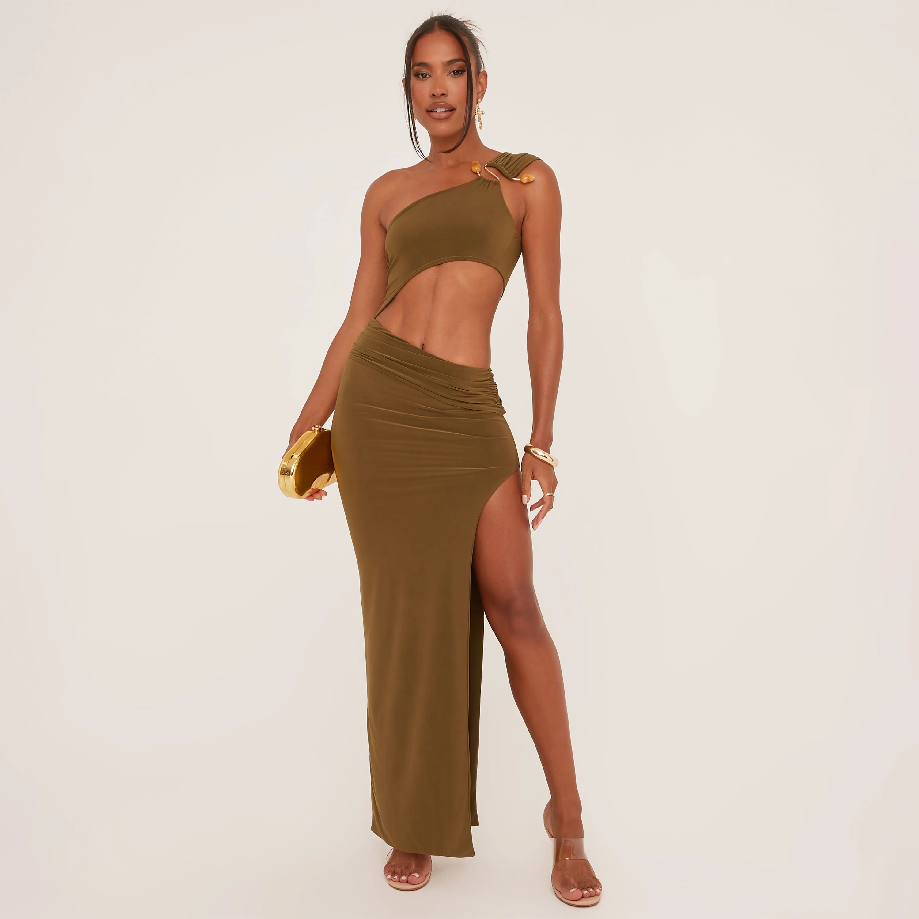 Ring Detail One Shoulder Cut Out Split Leg Maxi Dress In Olive Green Slinky