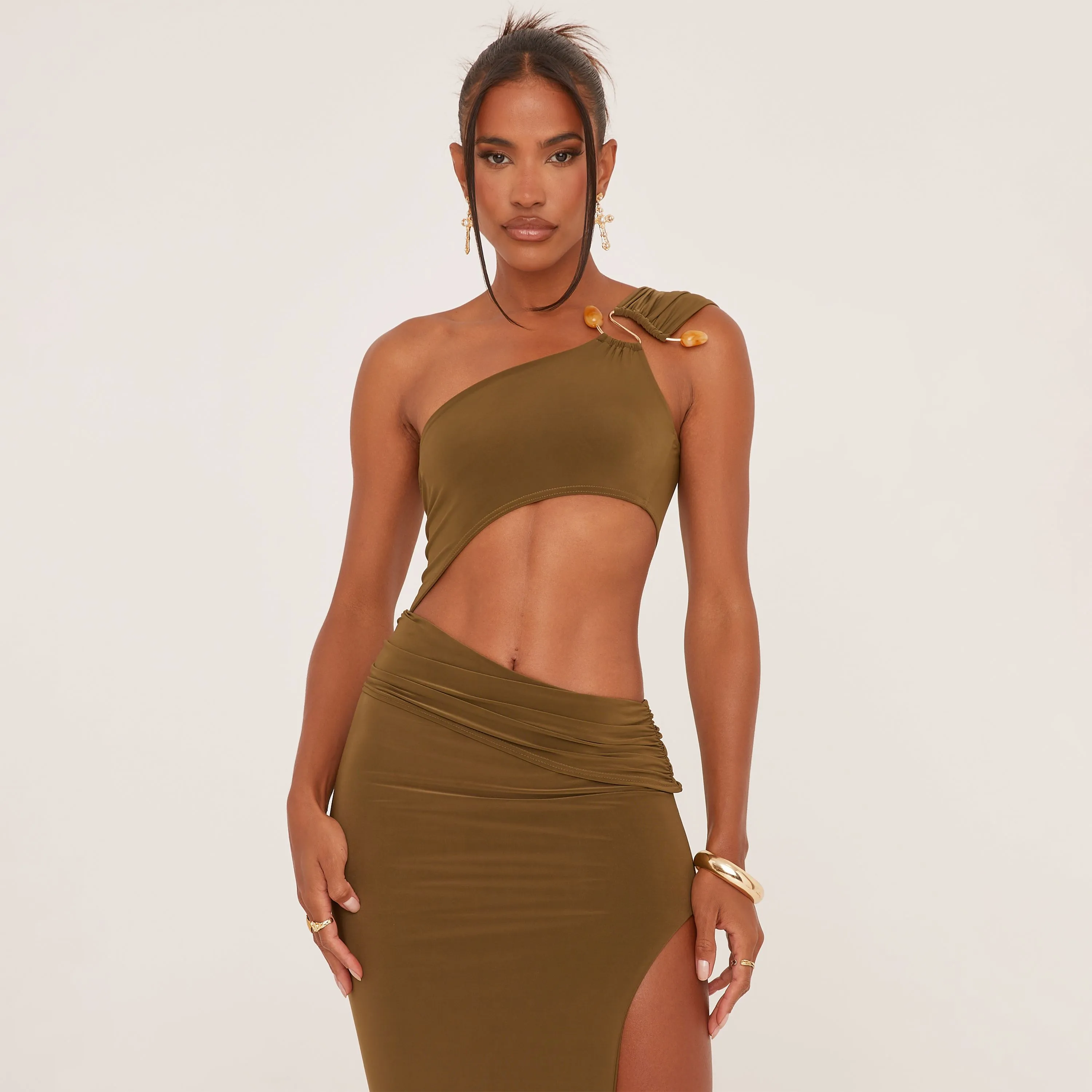 Ring Detail One Shoulder Cut Out Split Leg Maxi Dress In Olive Green Slinky