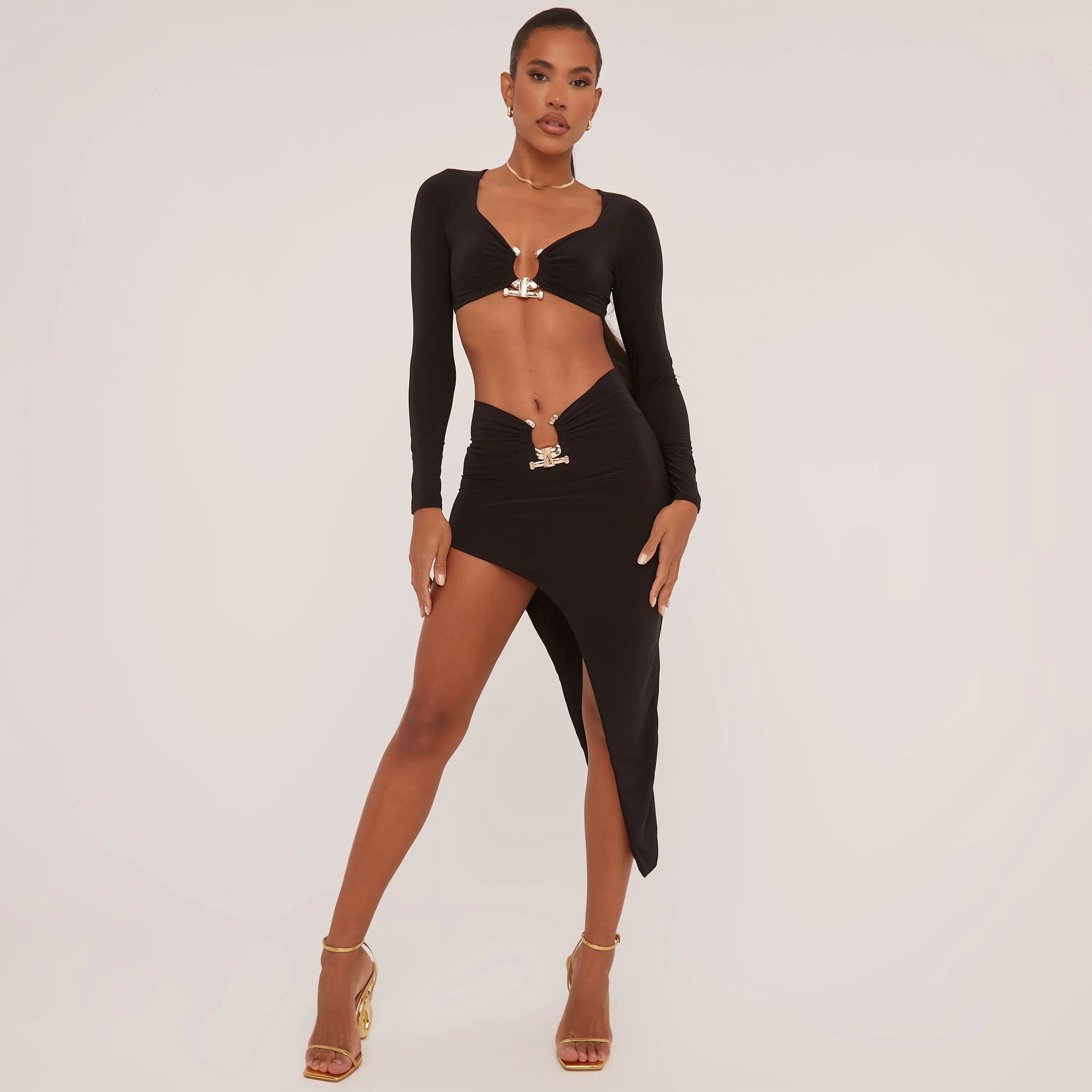 Ring Hardware Detail Long Sleeve Crop Top And Dipped Waist Maxi Skirt Co-Ord Set In Black Slinky