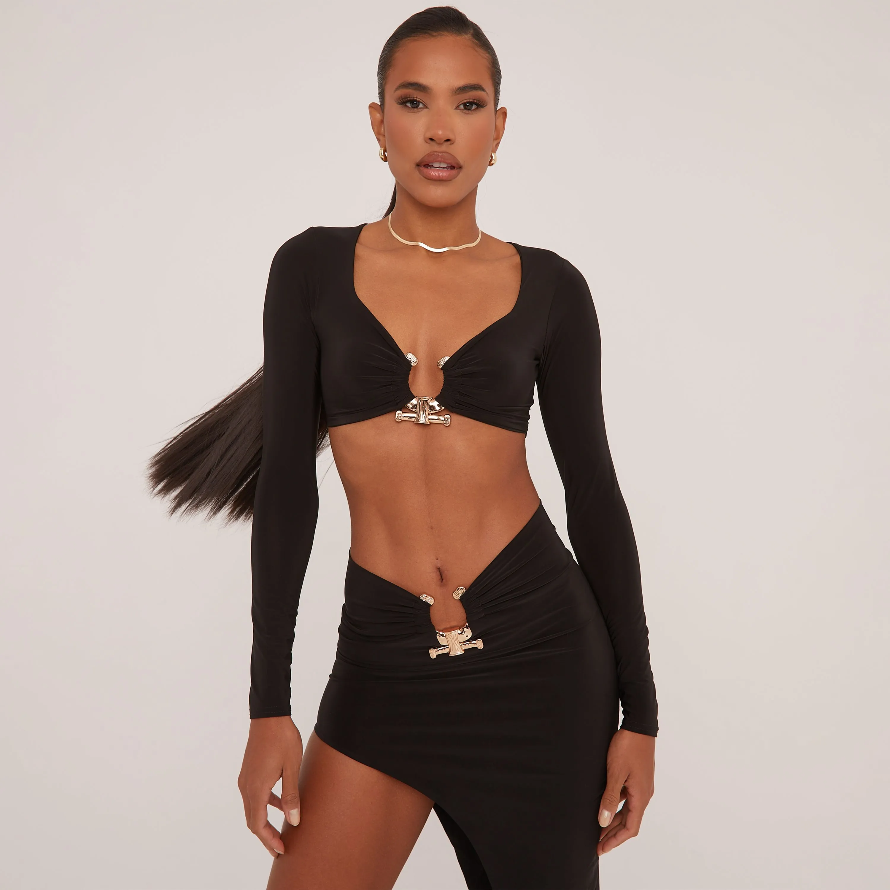 Ring Hardware Detail Long Sleeve Crop Top And Dipped Waist Maxi Skirt Co-Ord Set In Black Slinky