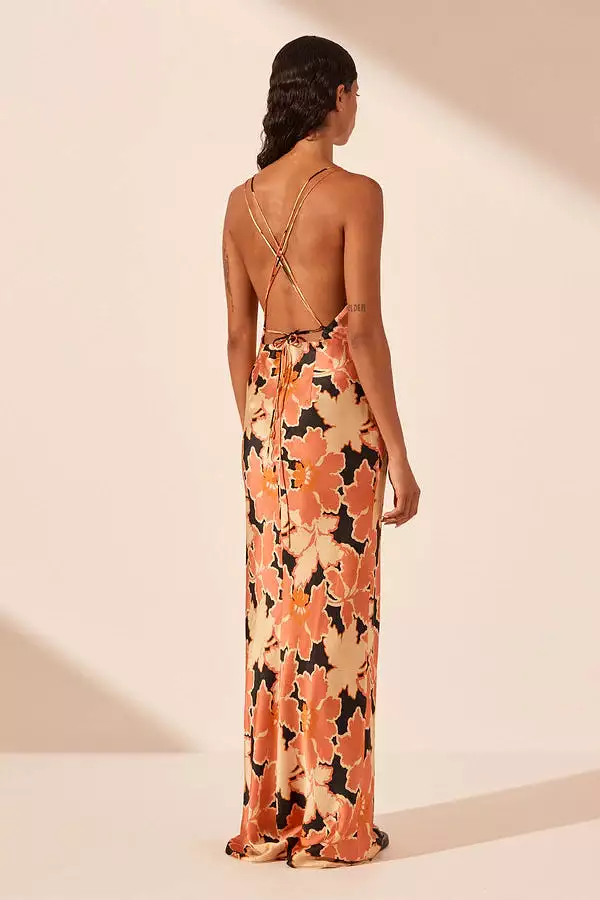 Rosa Silk Plunged Double Strap Maxi Dress