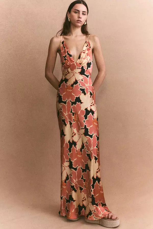 Rosa Silk Plunged Double Strap Maxi Dress