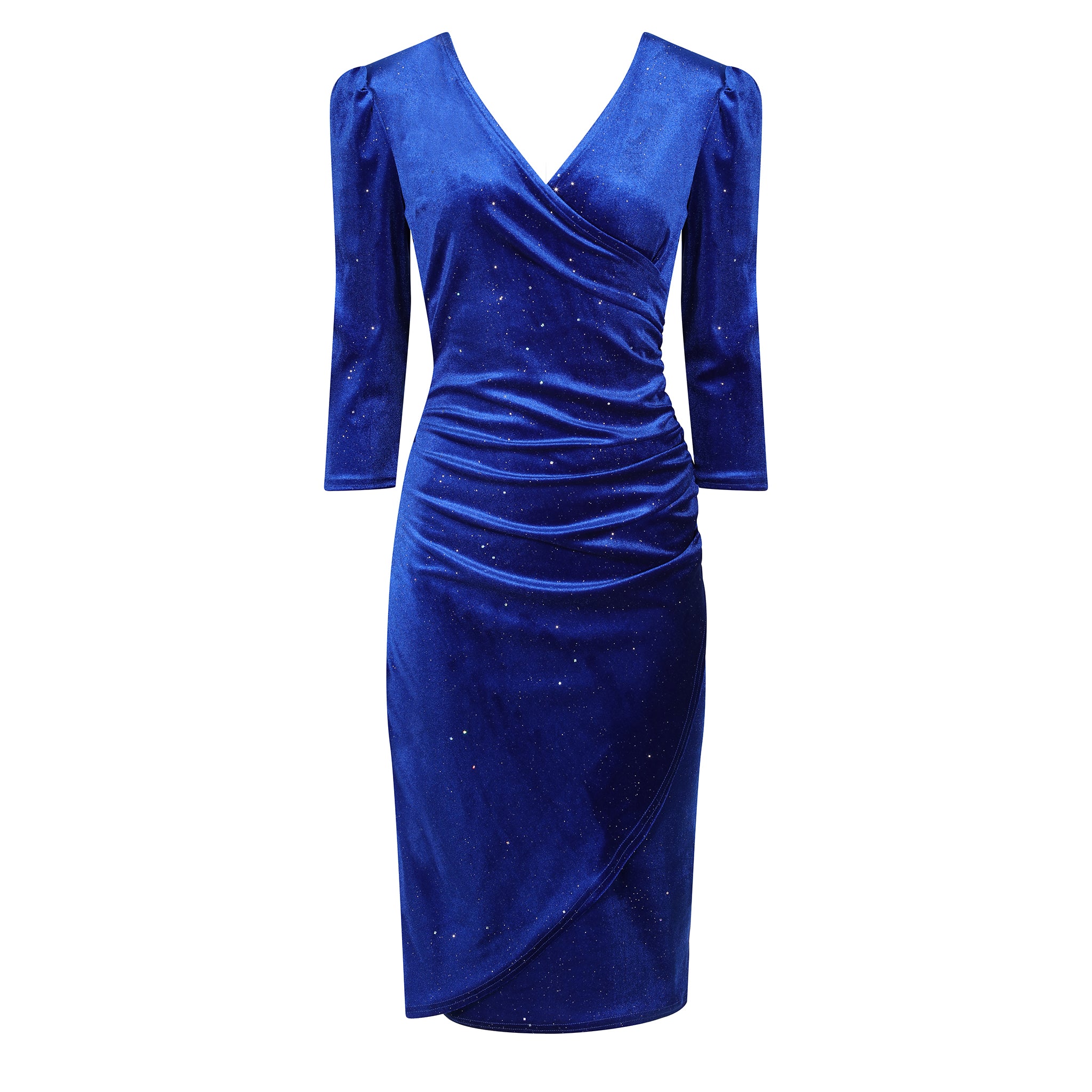 Royal Blue Velour Sparkle Wrapover 3/4 Sleeve Midi Dress