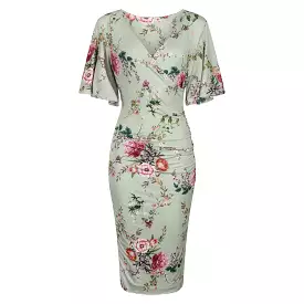 Sage Green Floral Print Butterfly Sleeve Slinky Pencil Cocktail Dress