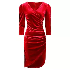 Scarlet Red Velour Velvet Wrap over 3/4 Sleeve Midi Dress