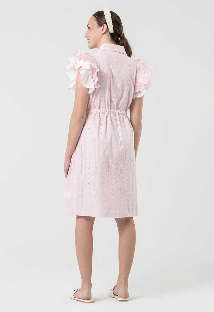 Schiffli Collared Button Tied Up Midi Dress